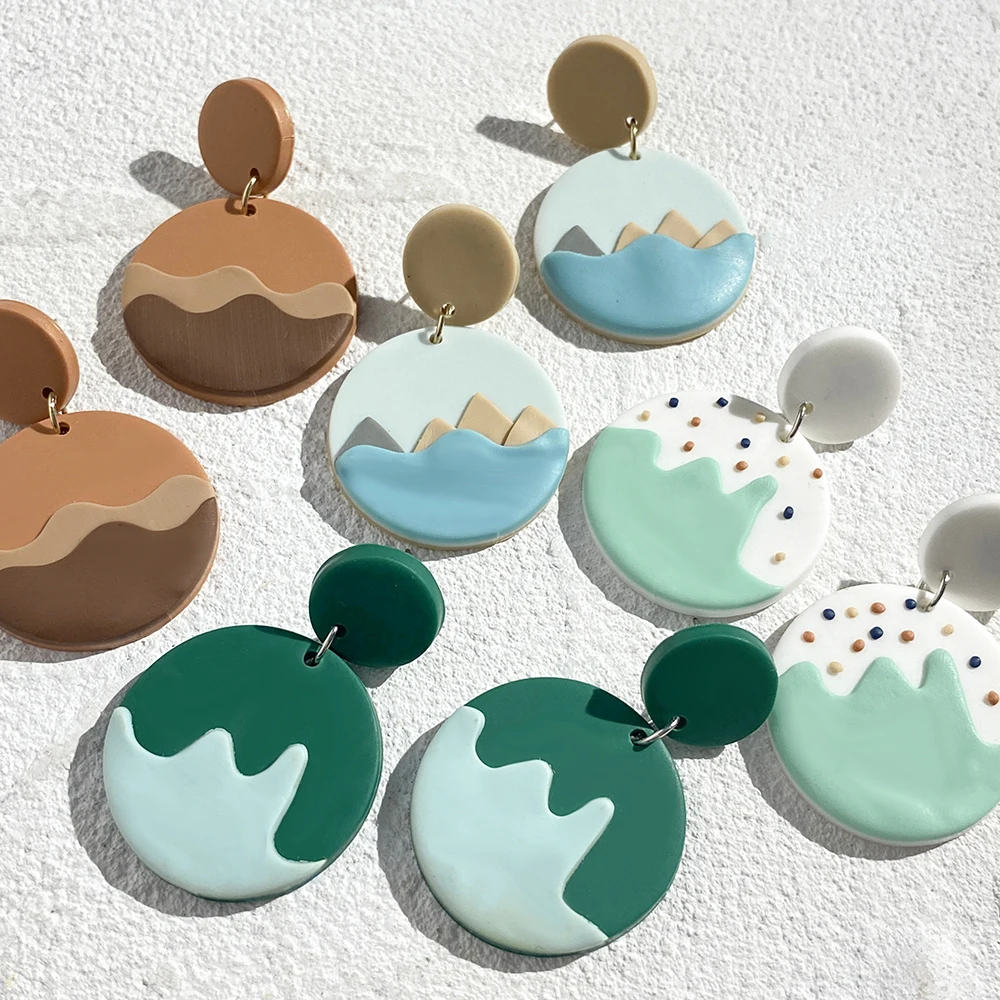 AENSOA Polymer Clay Earrings Creative Geometric Pattern Round Handmade Patchwork Women's Mountains Rivers Deserts Serie Eardrop