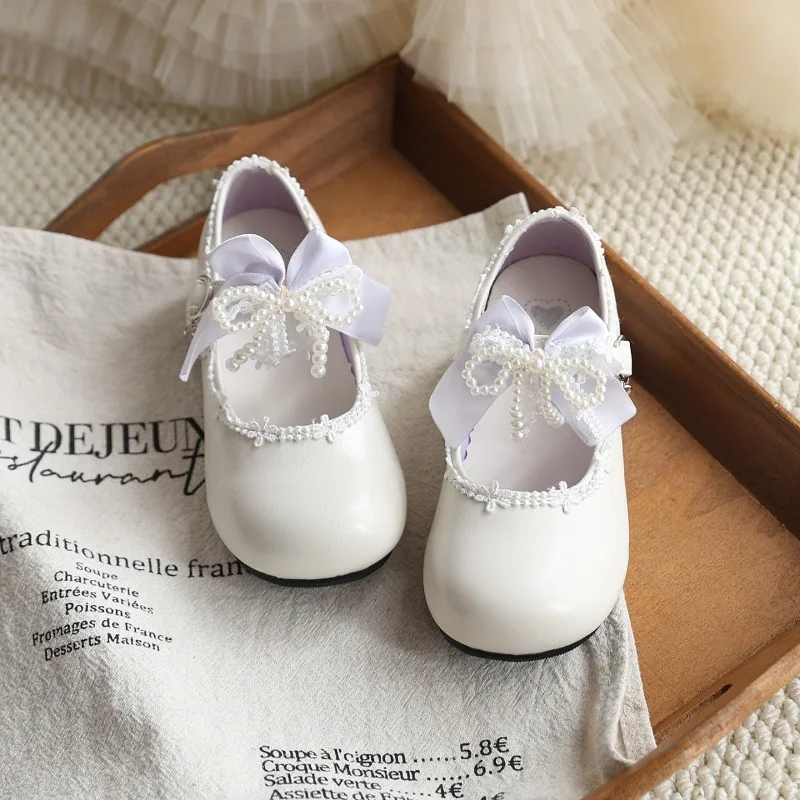Mumoresip Sweet Children's Princess Mary Jane Shoes Pearl Lolita Bow Kids Dress Low Heels PU Leather Girls Wedding Party Shoes