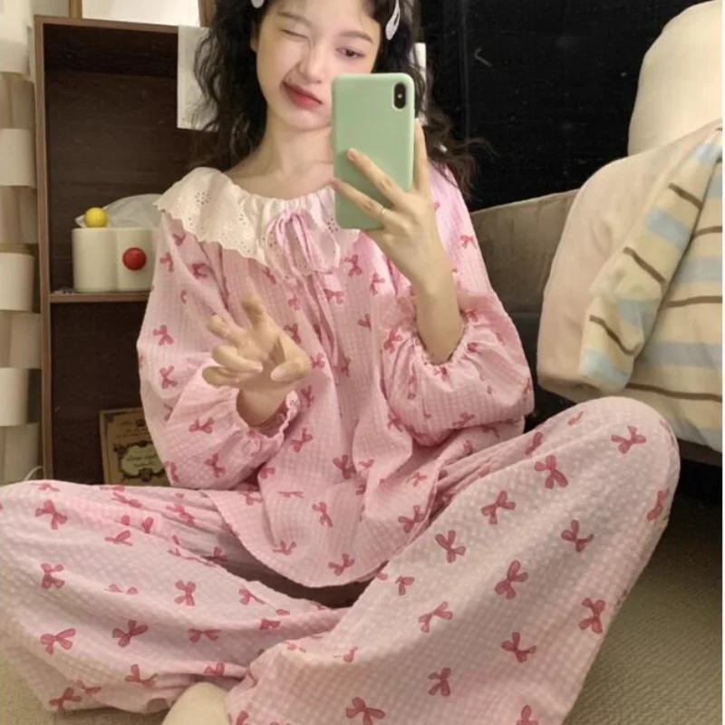 Pijamas franceses Retro de Instagram para mujer, conjunto de manga larga para primavera y otoño, ropa cómoda, dulce y bonita de encaje para el hogar, nuevo estilo