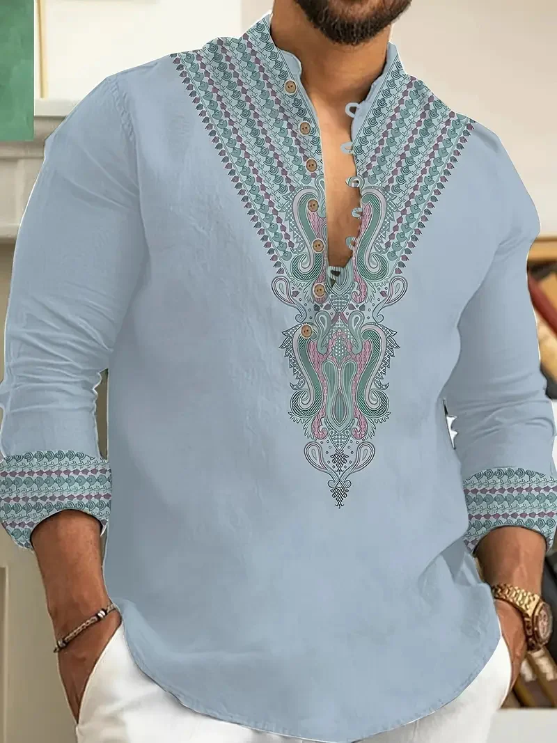 New Men's Casual Long Sleeve Henry Collar Linen Shirt Ethnic Print Men's Shirt High Quality Top Fits Everyday
