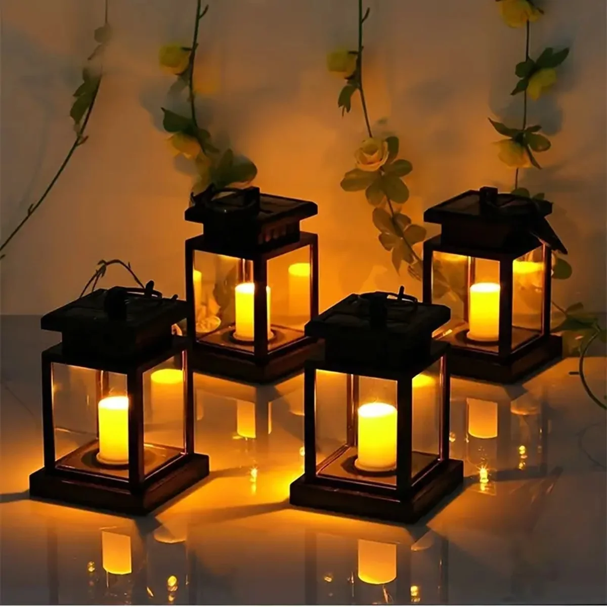 1pc Solar Candle Lantern Lights Retro Palace Style Hanging Decorative Candle Lamps Waterproof Garden Outdoor Hanging Solar Light