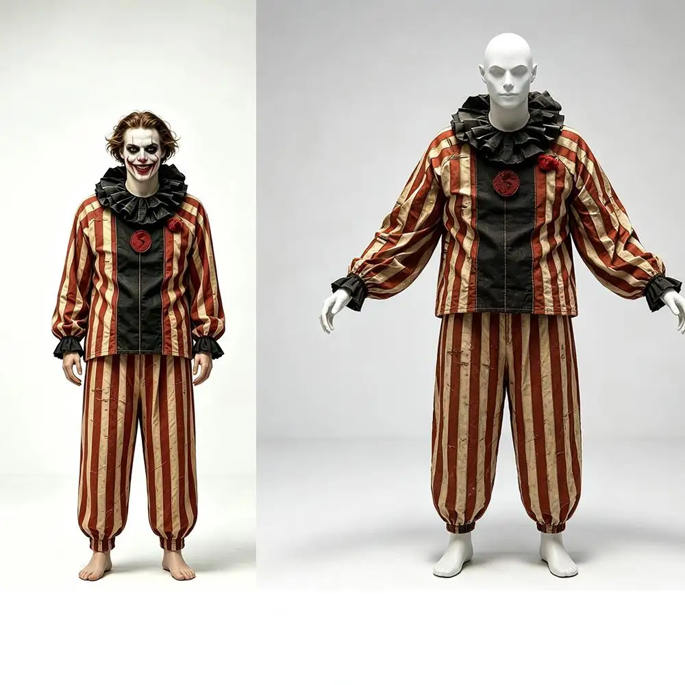 Costume de clown tueur d'horreur rayé vintage pour Halloween, ensemble complet, tenue effrayante rayée vintage pour fête d'Halloween, horreur.