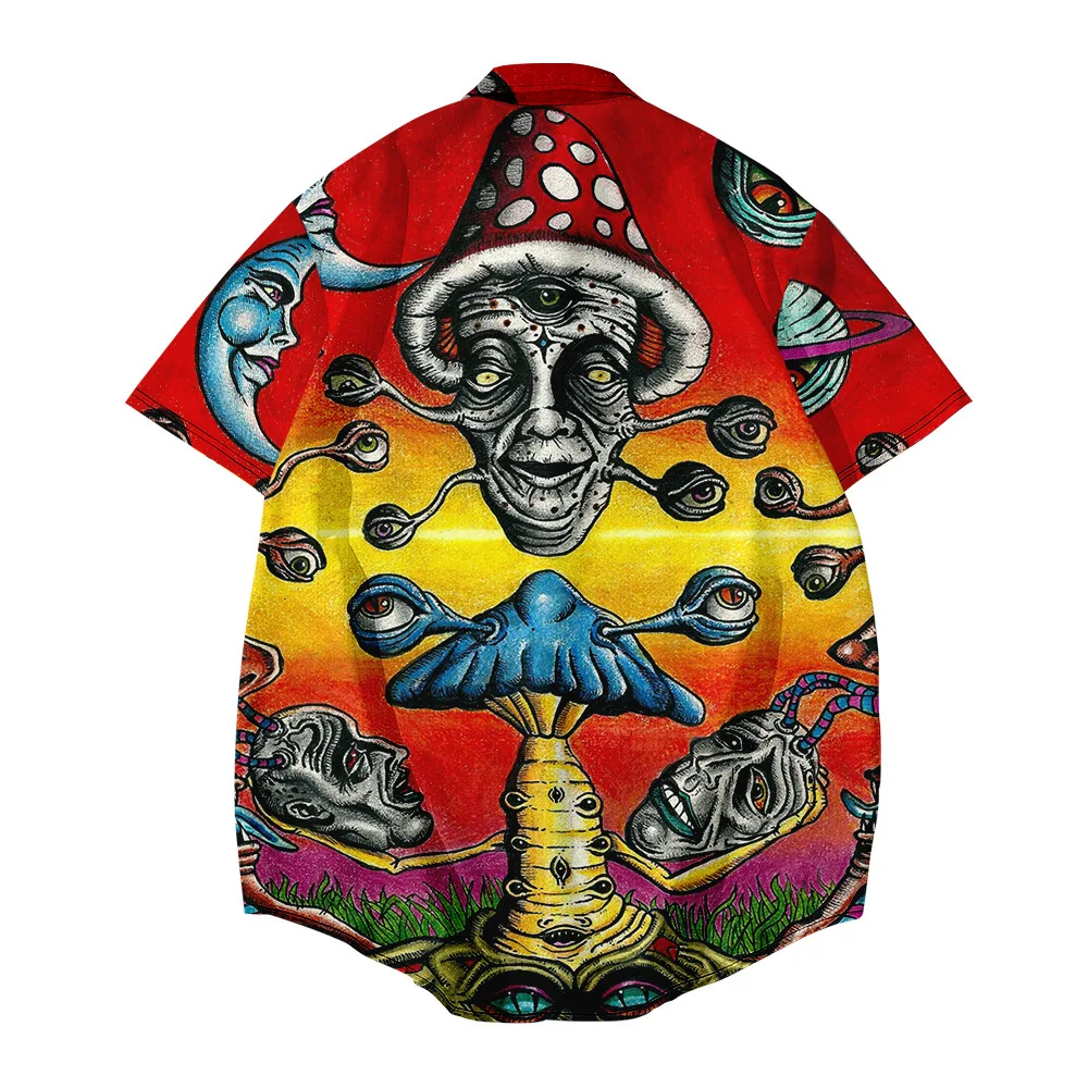 Men's Shirts Alien Short Sleeve Stand Collar Summer Sci-fi Pattern Loose Casual Hawaii Holiday Beach Shirt Tops