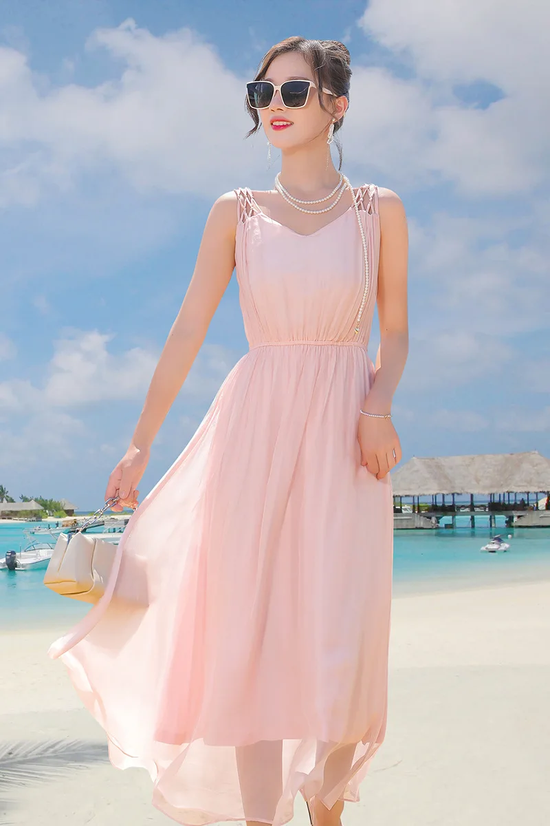 Gaun Sutra Baru 2025 Pakaian Gaun Pantai Wanita Kualitas Tinggi Musim Panas 58033