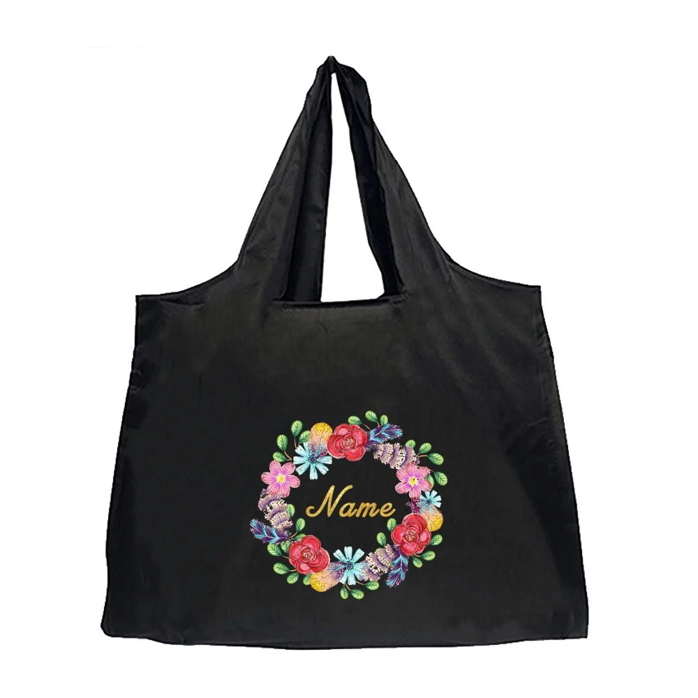 1Pc Personalized Custom Name/Text Flower Pattern Storage Bag Women Large Capacity Shopping Tote Travel Bag, Gift for Her