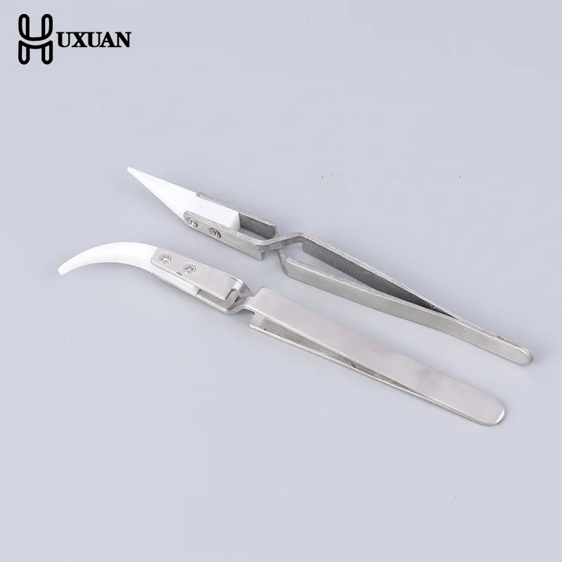 Pinzas de cerámica inversas antiestáticas, pinzas rectas curvadas conductoras electrónicas resistentes al calor de acero inoxidable