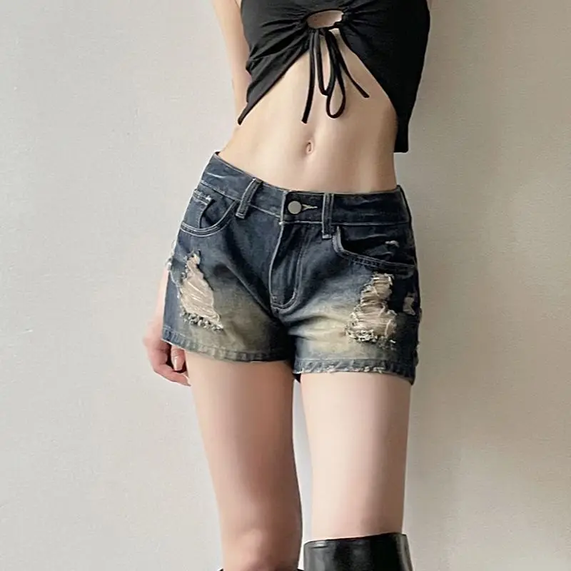 Denim Shorts Raw Edges Ripped Holes Low-Waisted Slim-Fitting American Hottie Washed Women'S Ultra-Short Hot Pants