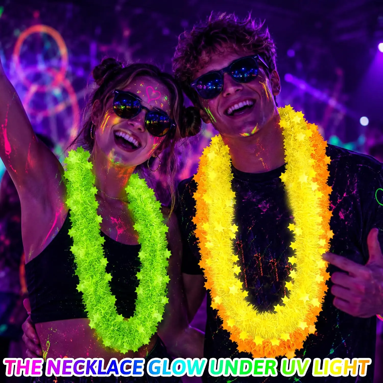 Glow in the Dark 5-Star Flower Garland Necklace Neon Blacklight Decor with Tassel for Rave Festival Nightclub Glow Photoshoot view 4