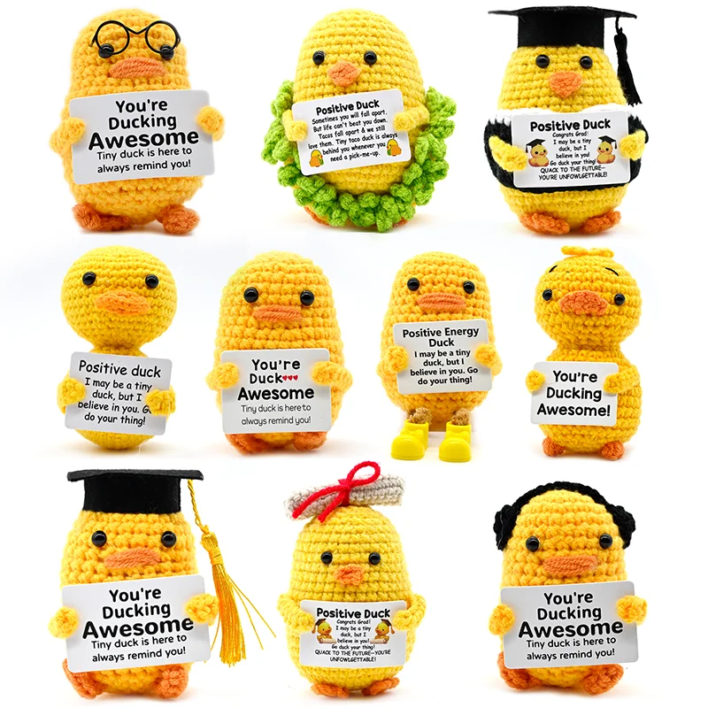 AnimalSeries Muñeco de Ganchillo de Pato Adorable con Energía Positiva, Adorno Decorativo Tejido a Mano con Tarjeta de Incentivo, Mini Decoración de Escritorio, Regalo