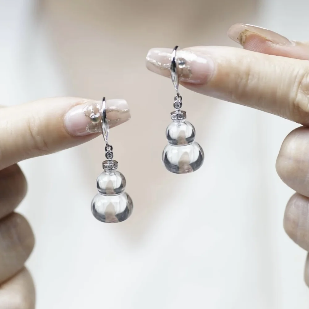 1 Pair Fengbaowu Natural Stone Rock Quartz Gourd Earring Ear Stud 925 Sterling Silver Crystal Jewelry Gift For Women