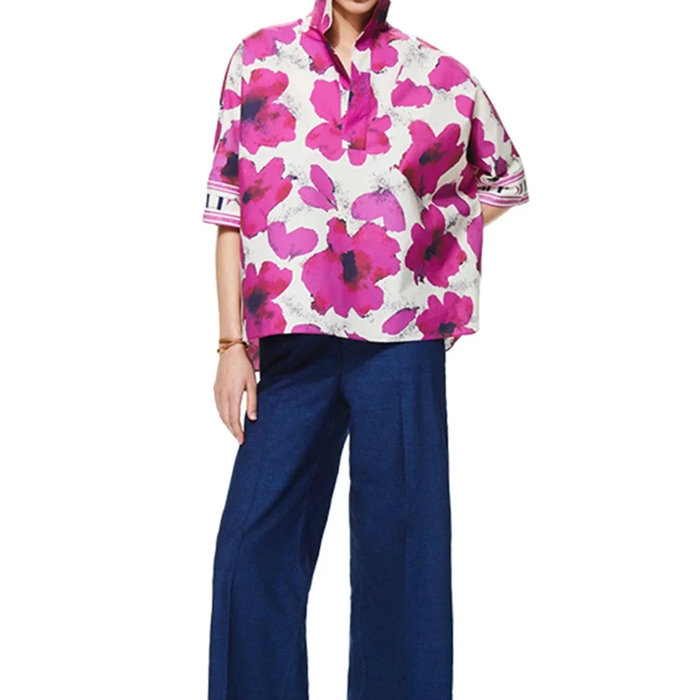Women\'s Shirts Vintage Loose Blouse Fashion Lady Tops Classic Casual Half Sleeved Shirts Floral Loose Female Shirt