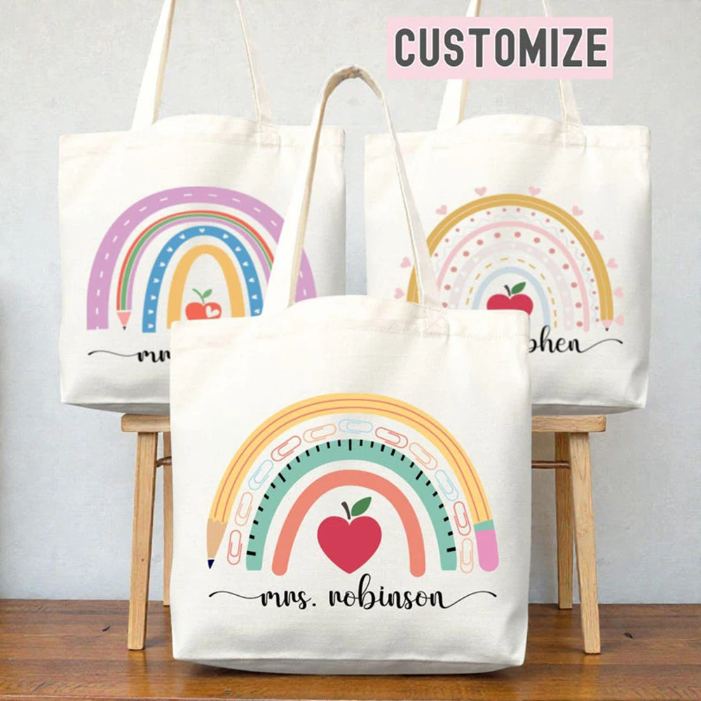 

Custom Teacher Tote Bag Personalized Teacher Bag Cute Heart Canvas Tote Teacher Appreciation Gift Work Shopping Bag Daily Use