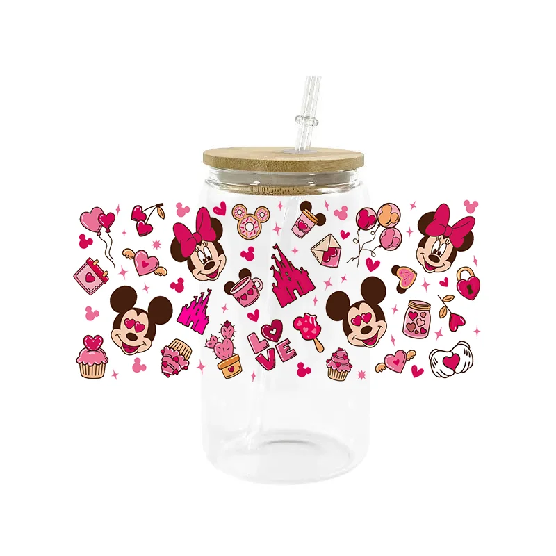 Miniso Mickey Minnie Lover dibujos animados envolturas de alta calidad taza de vidrio de 16oz UV DTF envoltura transferencia impresión transferencia