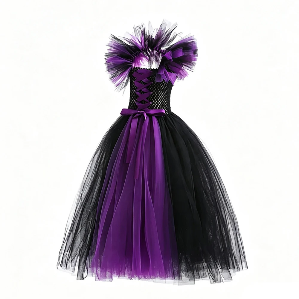 Halloween-Kostüm „Böse Königin“ für Mädchen, luxuriöses lila Tüll-Hexenkleid, Kindergröße 2–12 Jahre, Karnevalsparty, Bühnen-Cosplay-Outfit – Detail 5