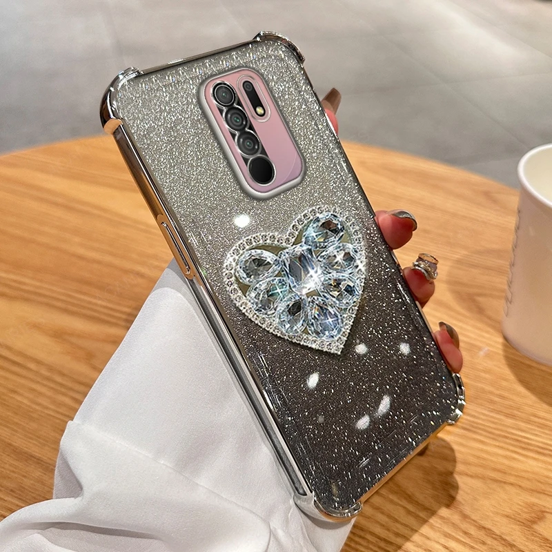 For Xiaomi Redmi 9 Note 9s Pro 9t 9c Nfc 9a 9at Glitter Diamond Heart Stand Four Corners Anti-shock Plating Case Redmi9 C Cover