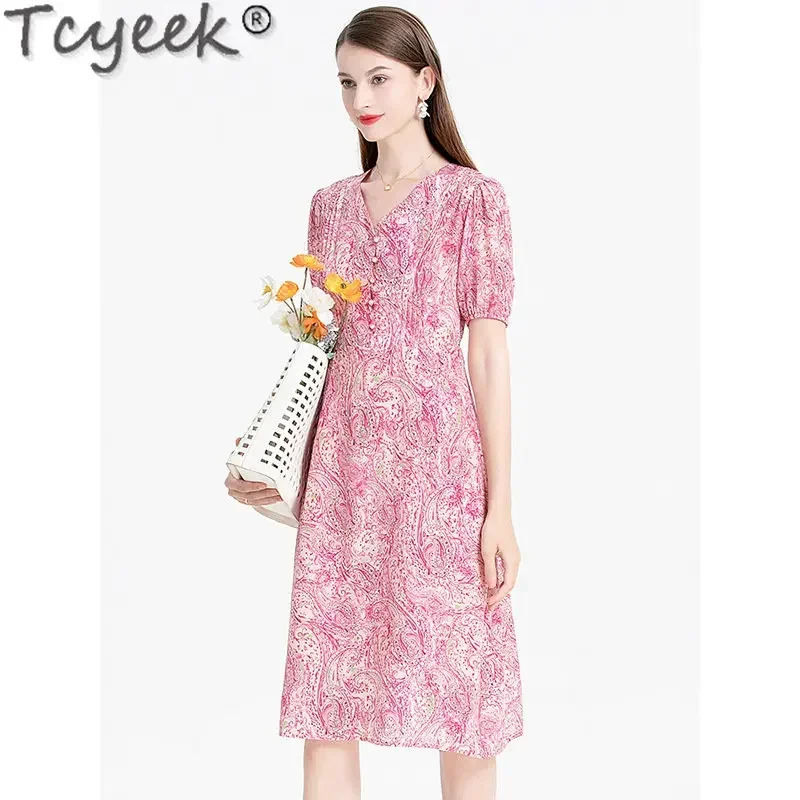 Tcyeek Fashion Midi Dresses High-end 100% Mulberry Real Silk Clothing Famale 2023 Summer Womens Dresses V-neck Print Dress Femme