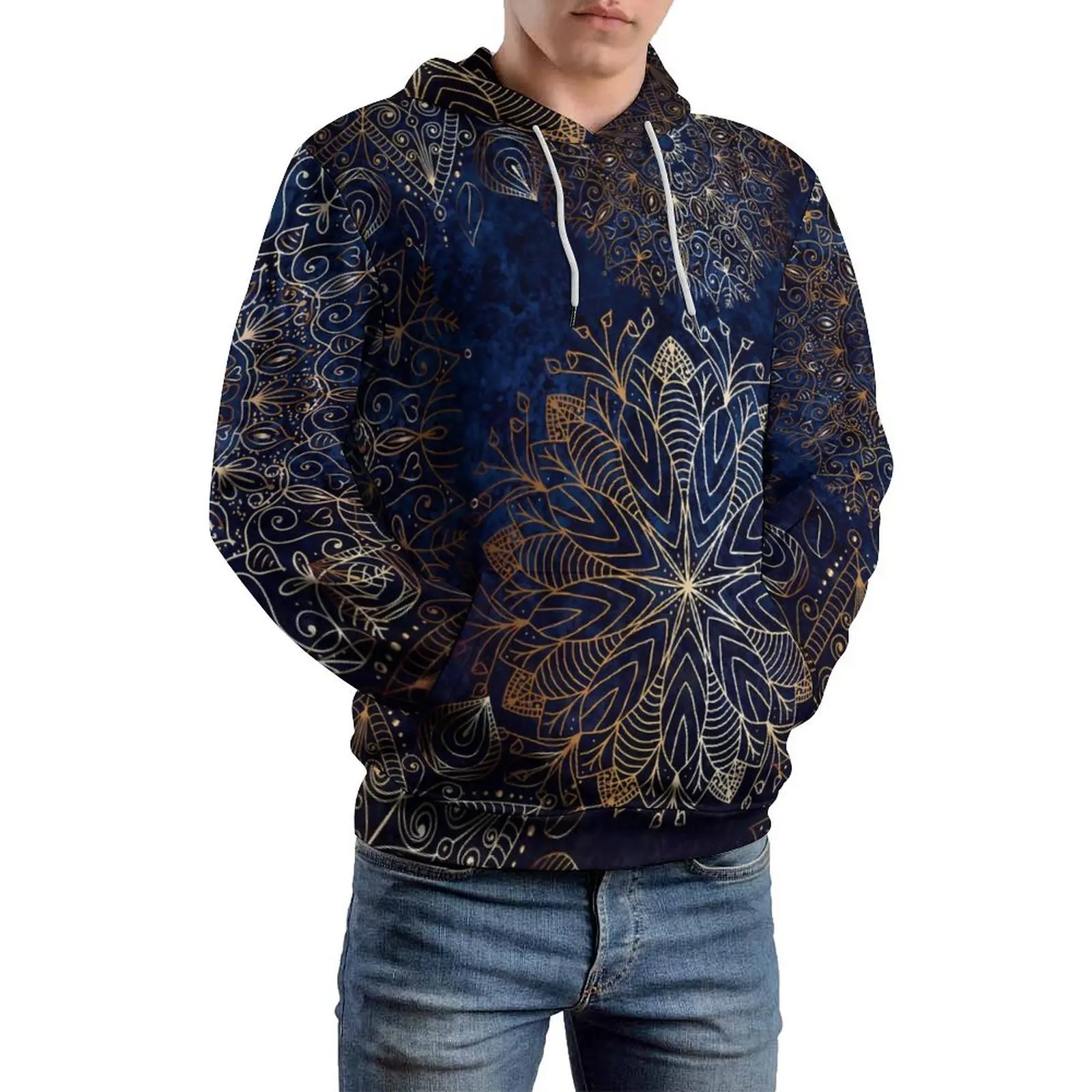 Floral Mandala Loose Hoodies Gold and Blue Kawaii Hoodie Man Long Sleeve Oversize Street Style Graphic Tops