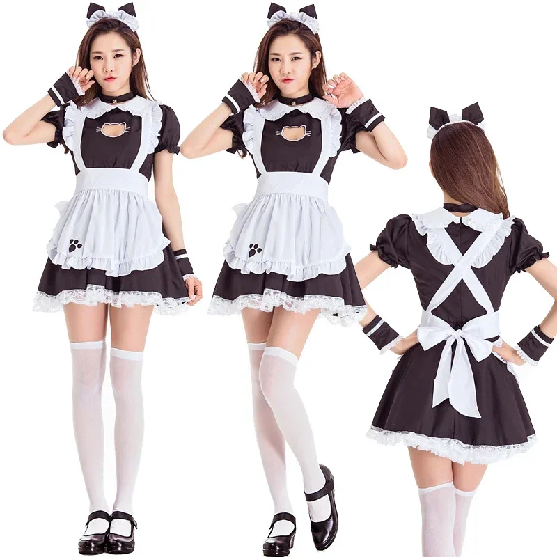 S-4xl nero bianco gatto cameriera vestito Sexy Lolita Anime carino morbido ragazza cameriera uniforme appetito set costumi da cameriere di scena E