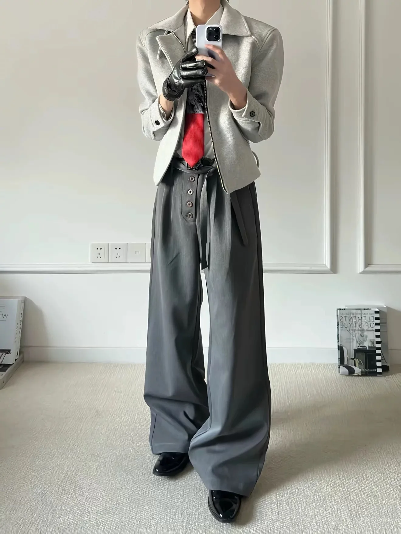 

Five-Button Sword Way West Pants Double Pleat Anti-Wrinkle Casual Loose Waist Belt Detachable Straight Leg A-Line Pants