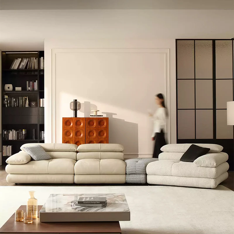 Italian Minimalist Leather And Cloth Combination Villa Corner Sofa With Adjustable Headrest New Design For Living Room