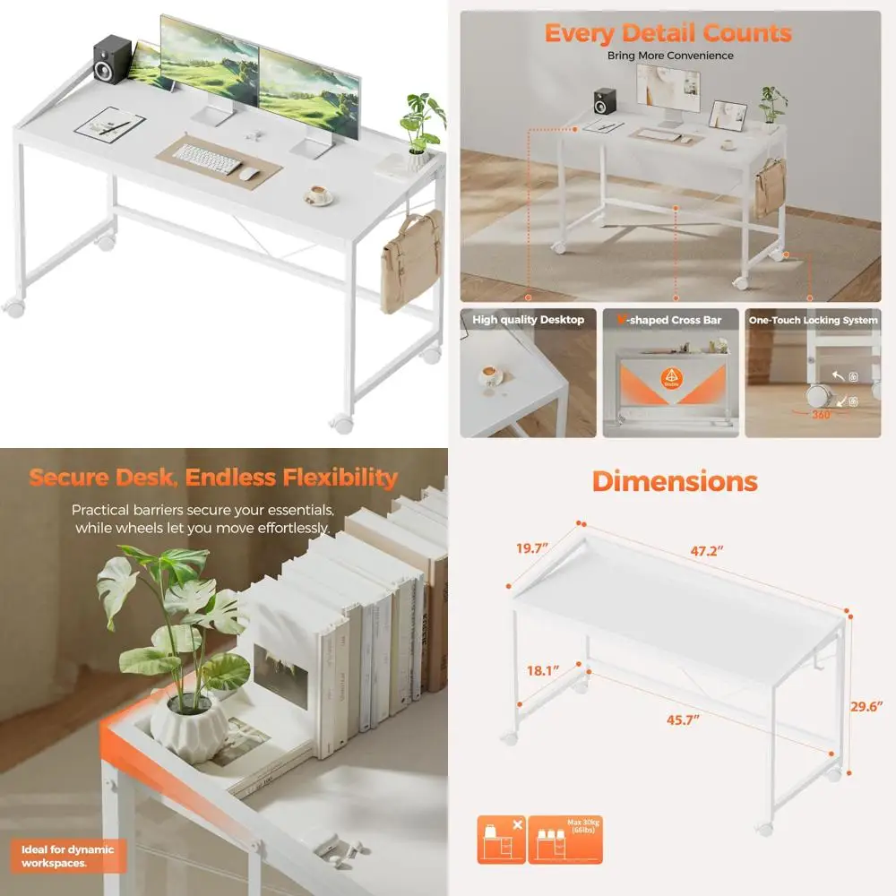 Compact Gaming Desk on Wheels for Small Spaces, Modern Simple Style Home Office Table, Ideal for Study and Writing