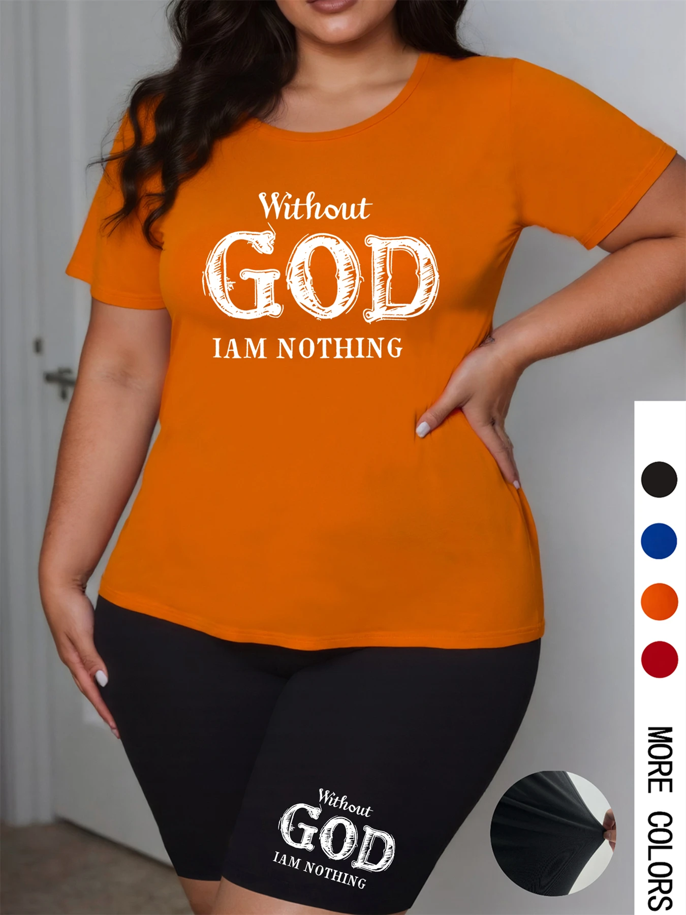 

Plus Size Women 2 Piece Shorts Set Short Sleeve T-shirt Elastic Summer GOD Print Street Oversize Chic Two Piece Outfits