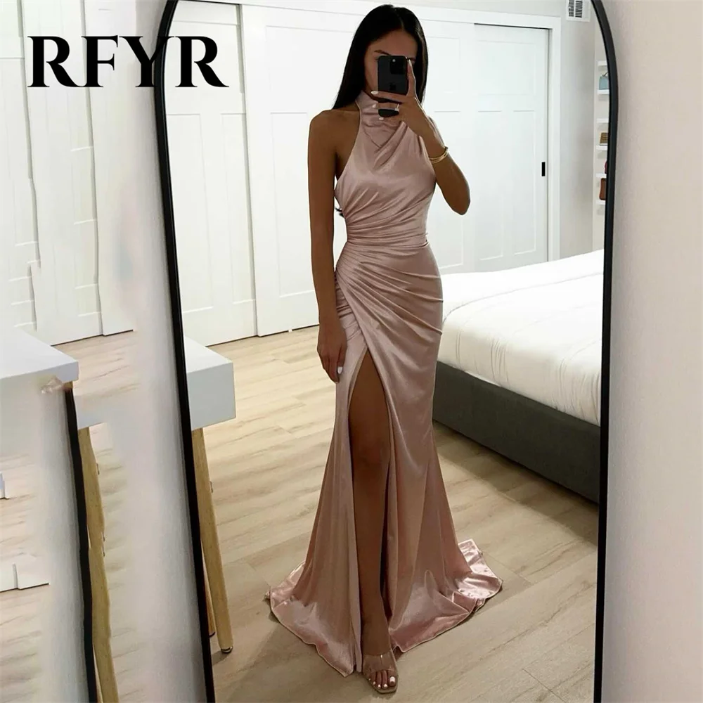 

RFYR Champagne Prom Dress Sleeveless Halter Satin Evening Dress Sleeveless Trumpet Party Dress with High Slit Pleats فساتين سهرة