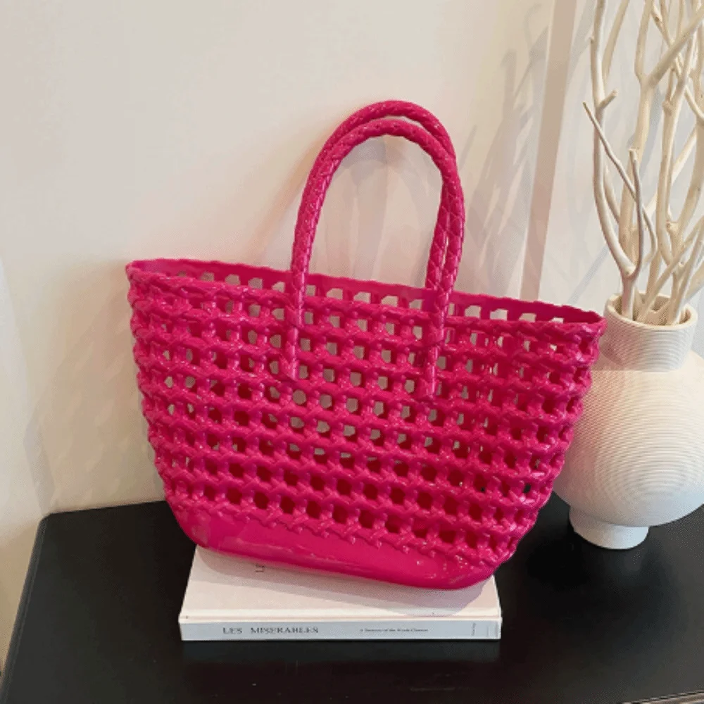 

Пляжная сумка ярких цветов с полым дизайном, большая вместимость, легко чистится, портативная сумка-тоут, пластиковая плетеная сумка, многоразовая корзина из ПВХ для путешествий