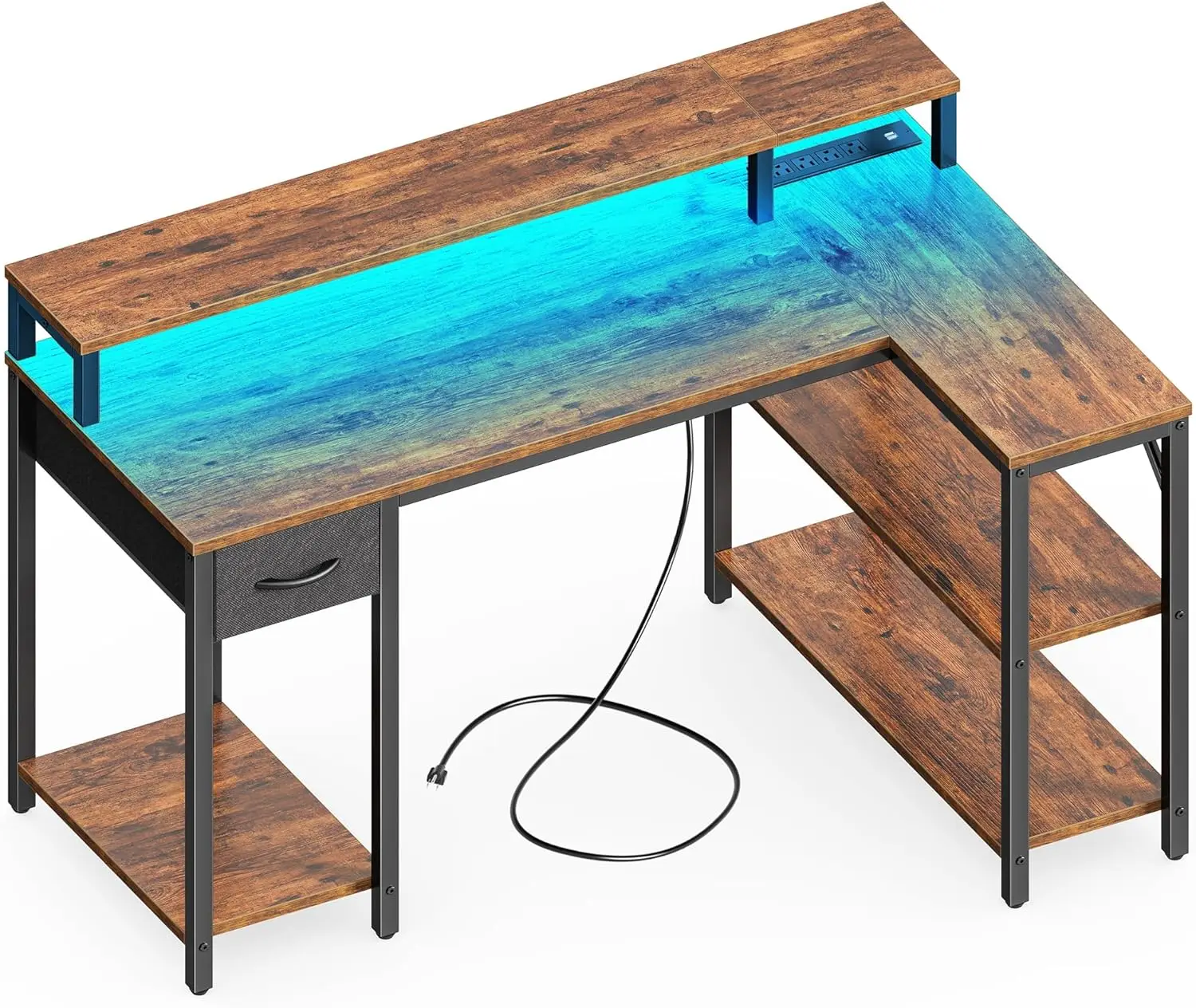 47 inch Reversible L Shaped Desk with LED Lights & Power Outlets, Computer Desk with Shelves & Monitor Stand, Gaming Desk