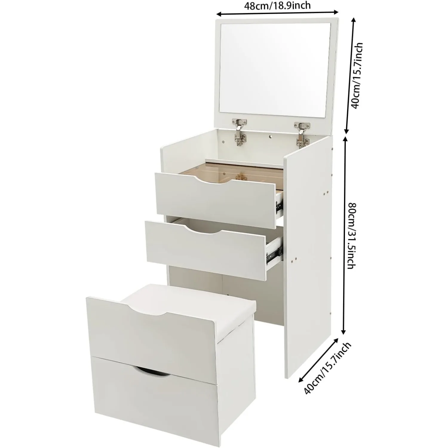 مكتب زينة 3 في 1 باللون الأبيض الكريمي مع مرآة علوية قابلة للطي، وكرسي مخفي، وطاولة زينة للمكياج مع مقعد مبطن لغرفة النوم والشقة