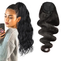 Body Wave Remy Human Hair Drawstring Ponytail With Clips in For Black Women Long Clip in Ponytail Hair Extensions Natural Color