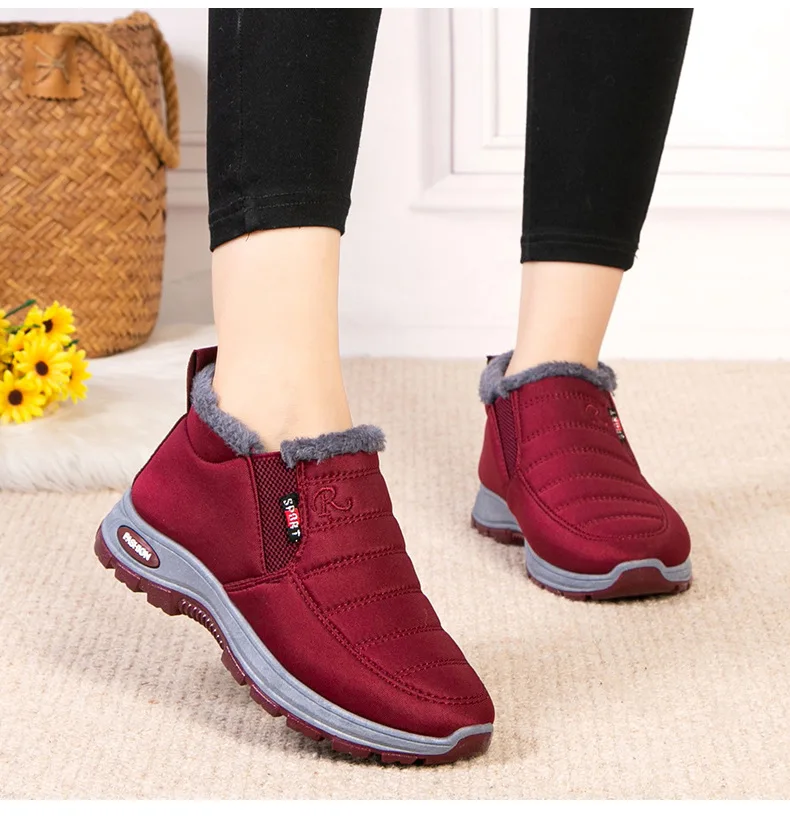 Damen Winter Fleece-gefütterte Slip-On Schneestiefel Wasserdichter Stoff Rutschfeste Robuste Sohle Warme Knöchelhohe Outdoor-Wanderstiefel – Detail 9