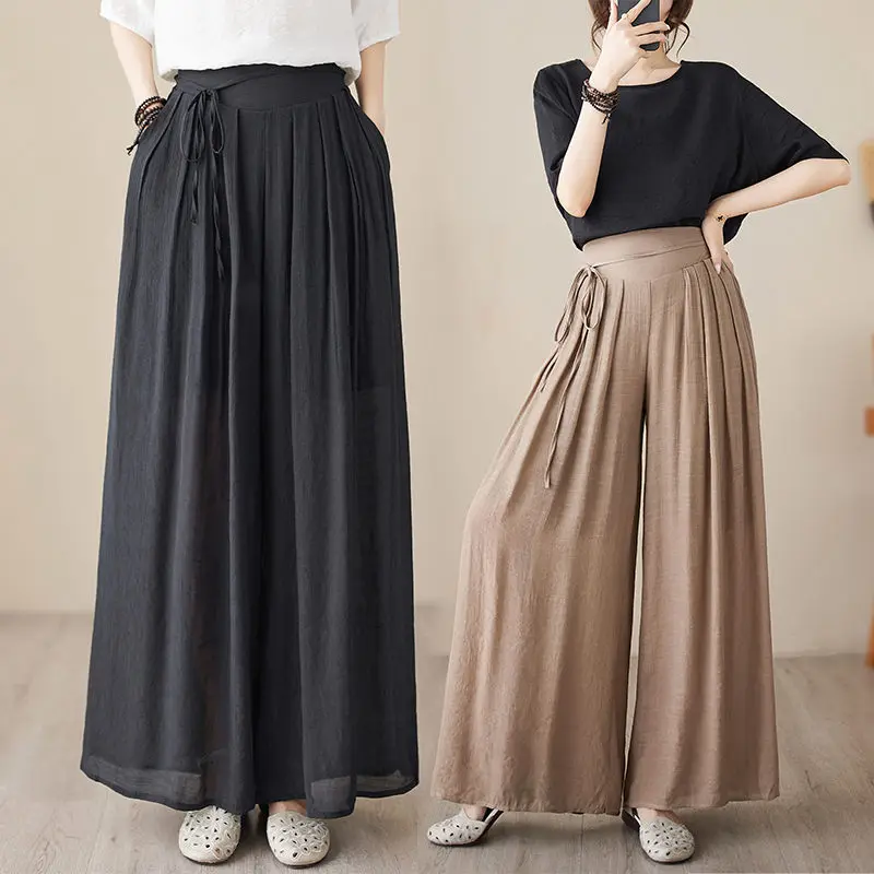 Ice Silk Wide Leg Pants Hemp Material High Waist Lace Up Design Trousers  Summer Thin Style Women Straight Culottes Z1648