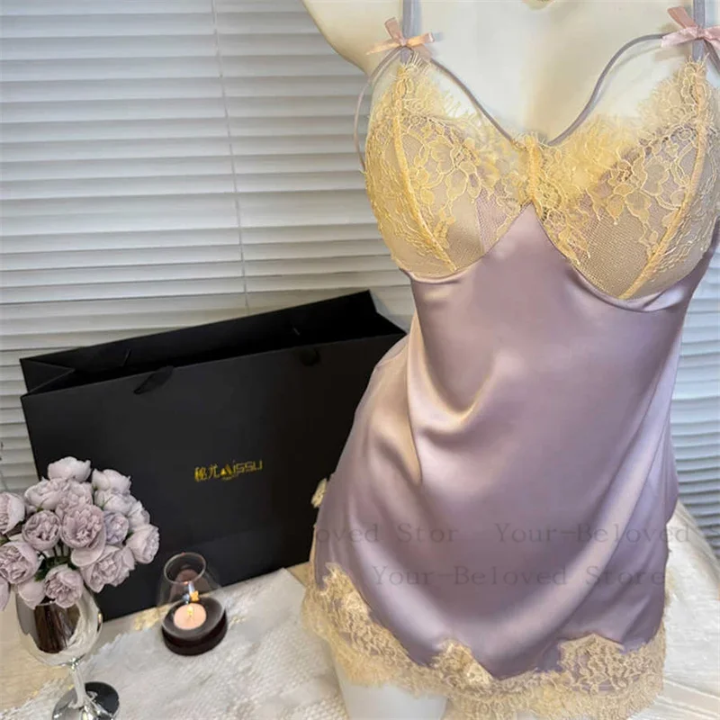 Silk Nightgowns Sexy Pajamas Pure Desire High Quality Deep V Nightdress Small Chest Hollow Lace Halter Pajama Dress Home Clothes
