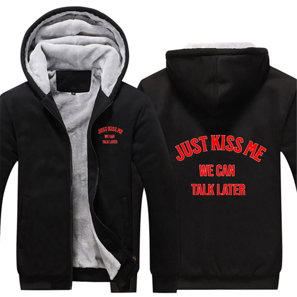 

2026 Just Kiss Me Funny Graphic Print Men's New Autumn Winter Thicken Patchwork Color Hoodies Long Sleeve Warm Comfortable Coat