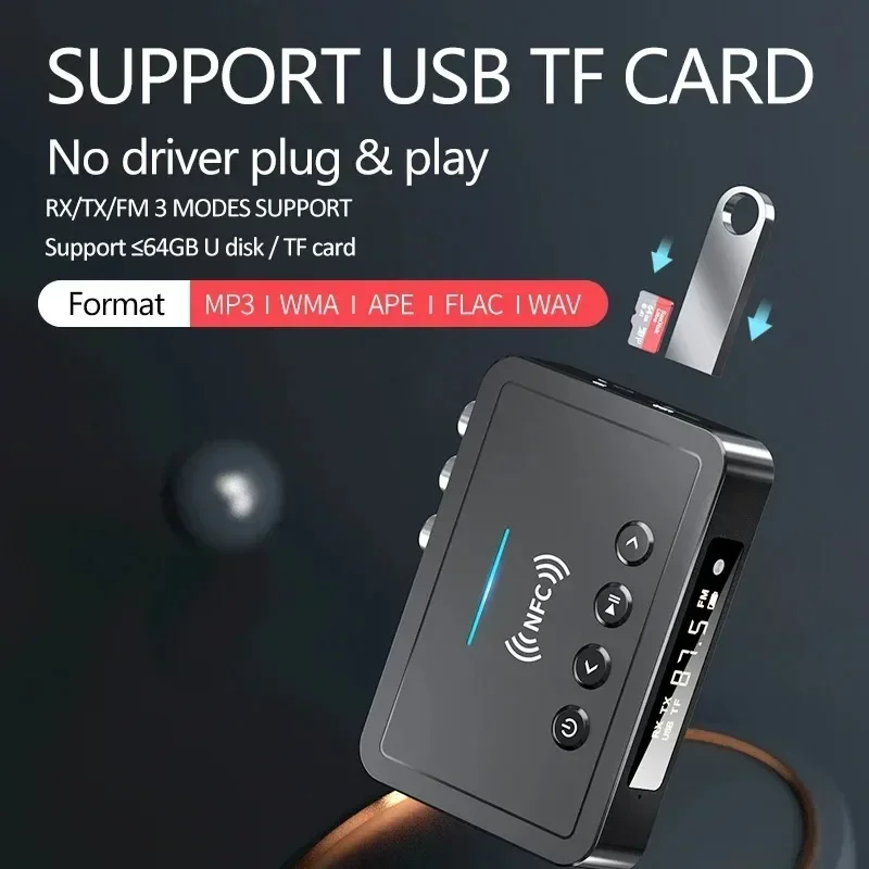 

NFC Bluetooth 5.0 Audio Adapter 3.5MM AUX RCA SPDIF Wireless FM Receiver Transmitter Support TF U-Disk Music Play Remote Control