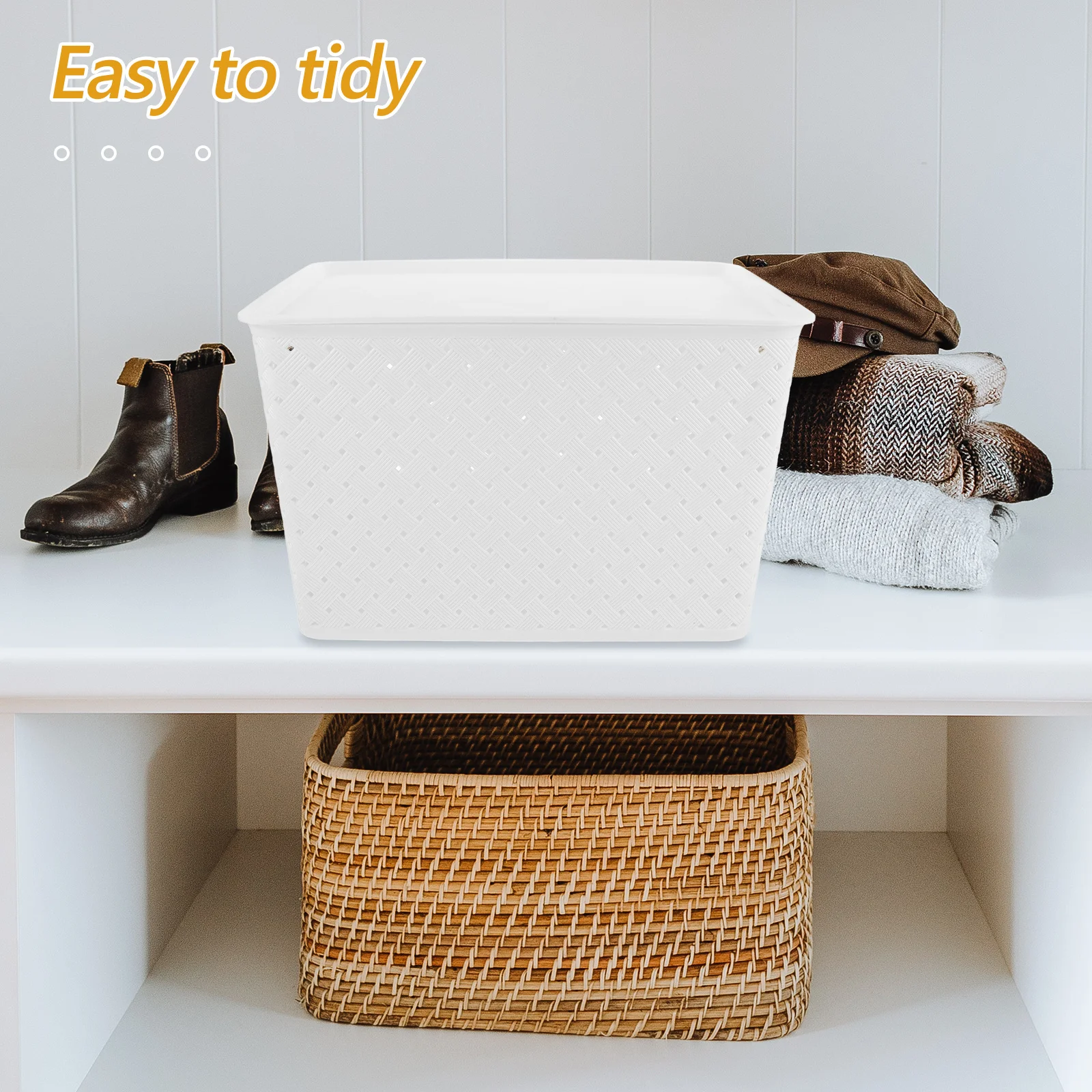 

White Plastic Storage Basket With Lid Handle Stackable For Kitchen Bathroom Closet Underbed Cabinet Organization Bins