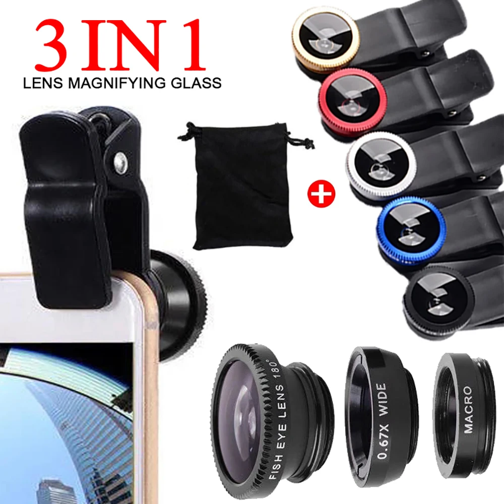 Obiettivo per telefono Fisheye 3 in 1 Obiettivo zoom grandangolare 0,67X Obiettivo macro Fish Eye Kit fotocamera con clip per smartphone iPhone Xiaomi
