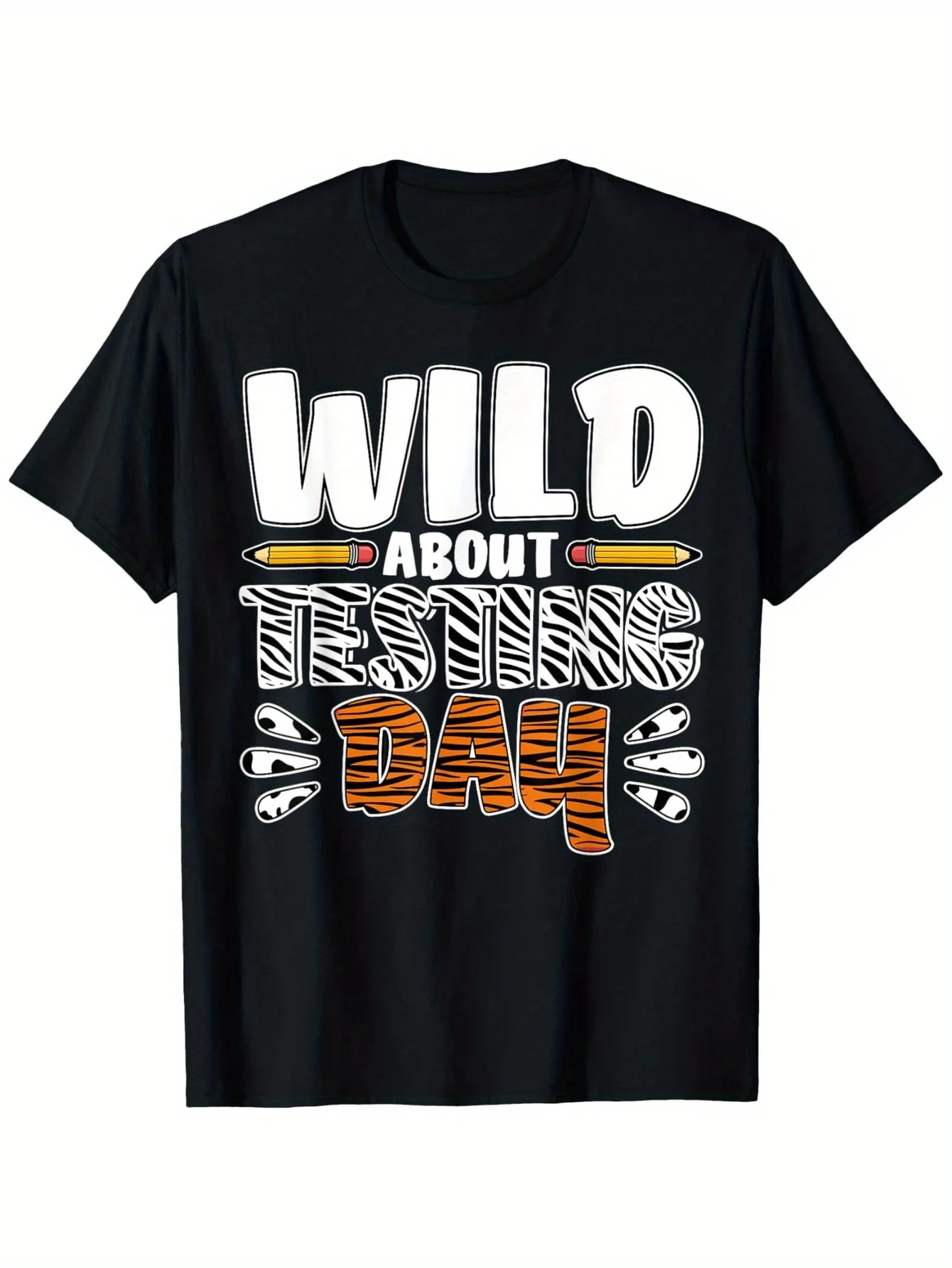 Wild About Testing Day Teacher T-Shirt - 100% Cotton Casual Short Sleeve Tee with Leopard Print & Pencil Graphic, Funny Test Day