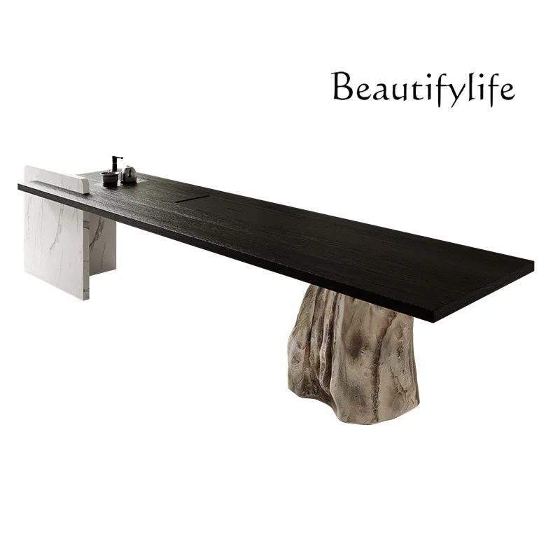 

Carbonized black North American ash wood large board tea table and chair combination with tea tray straight edge Zen solid wood