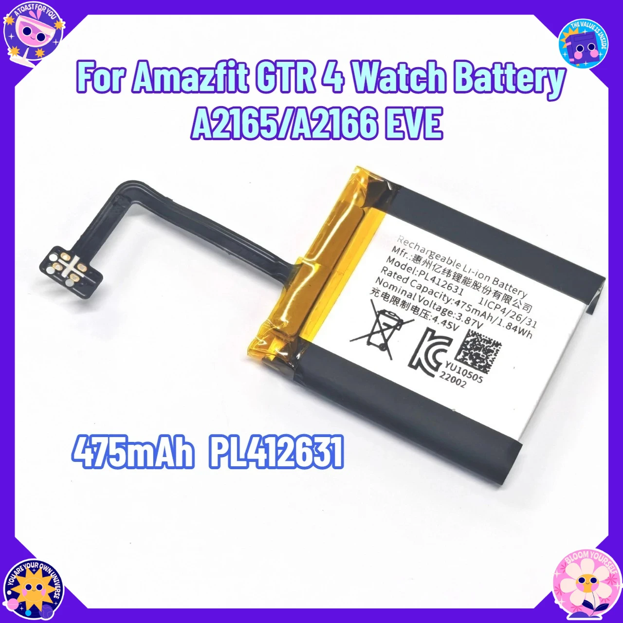 475mAh PL412631 Battery for Huawei Huami PL412631 Watch Battery Amazfit GTR 4