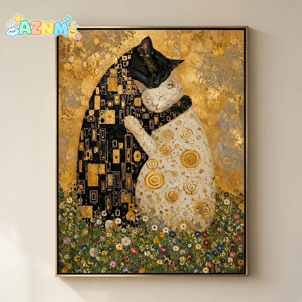 2D Flat, Gustav Klimt Cat Parody Poster - Bohemian Klimt Style Suitable for Pet Lovers, Retro Golden Mural Texture with Ornat