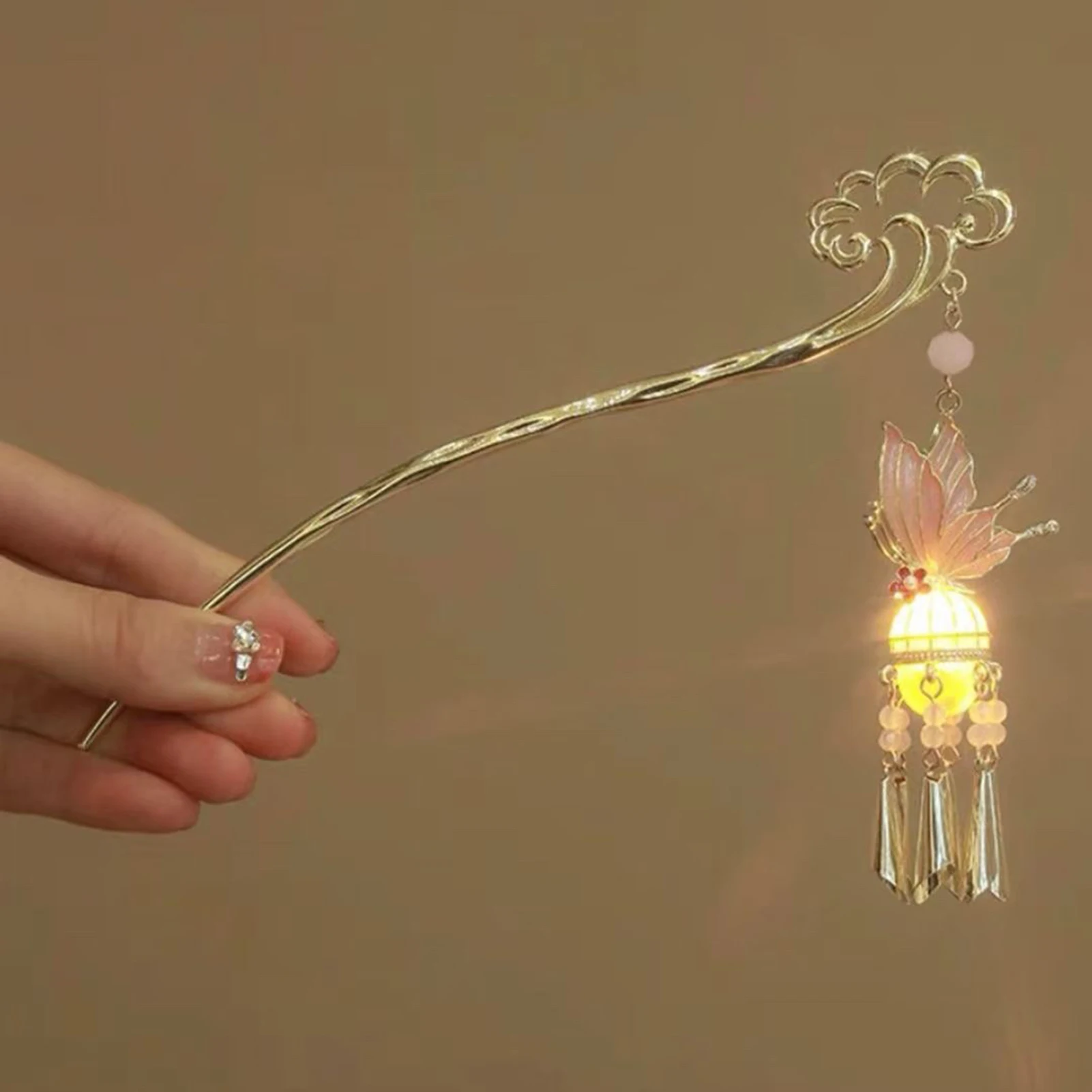 Metal Chinese Style Hair Stick  Luminous Lantern Hair Chopsticks Hairpin Tassel Pearl Hair Clip Hair Accessories Headdress