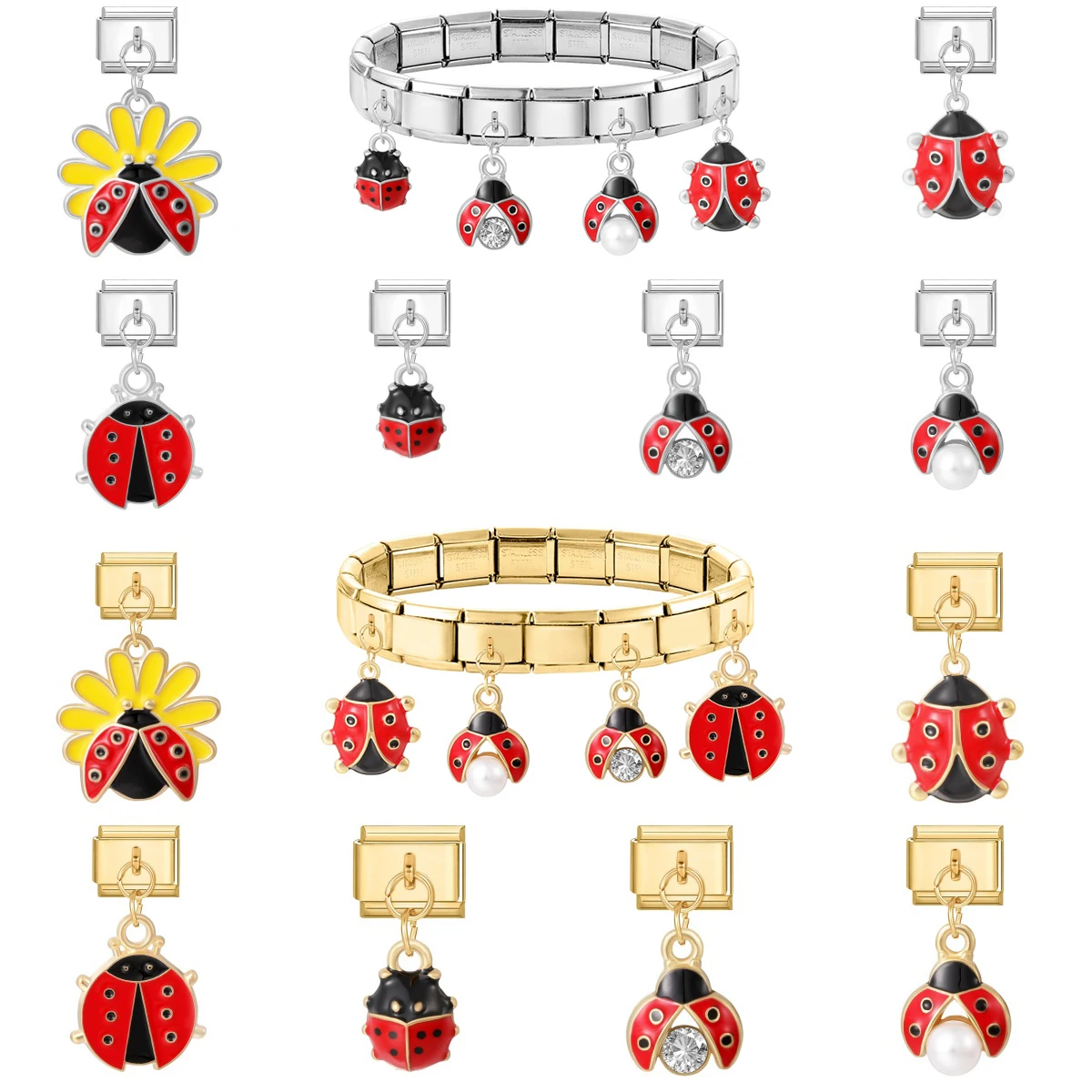 New Funny Ladybug Element Golden Pendant Italian Charm Links Fit 9mm Stainless Steel Women Bracelet DIY Making Gifts Wholesale