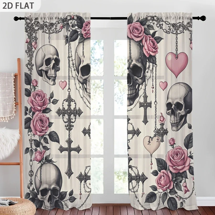 2PCS Digital Print Sheer Curtain, Rose Cross Pattern, Gothic Dark Romantic - Voile Drapes for Bedroom Living Room Decor view 3