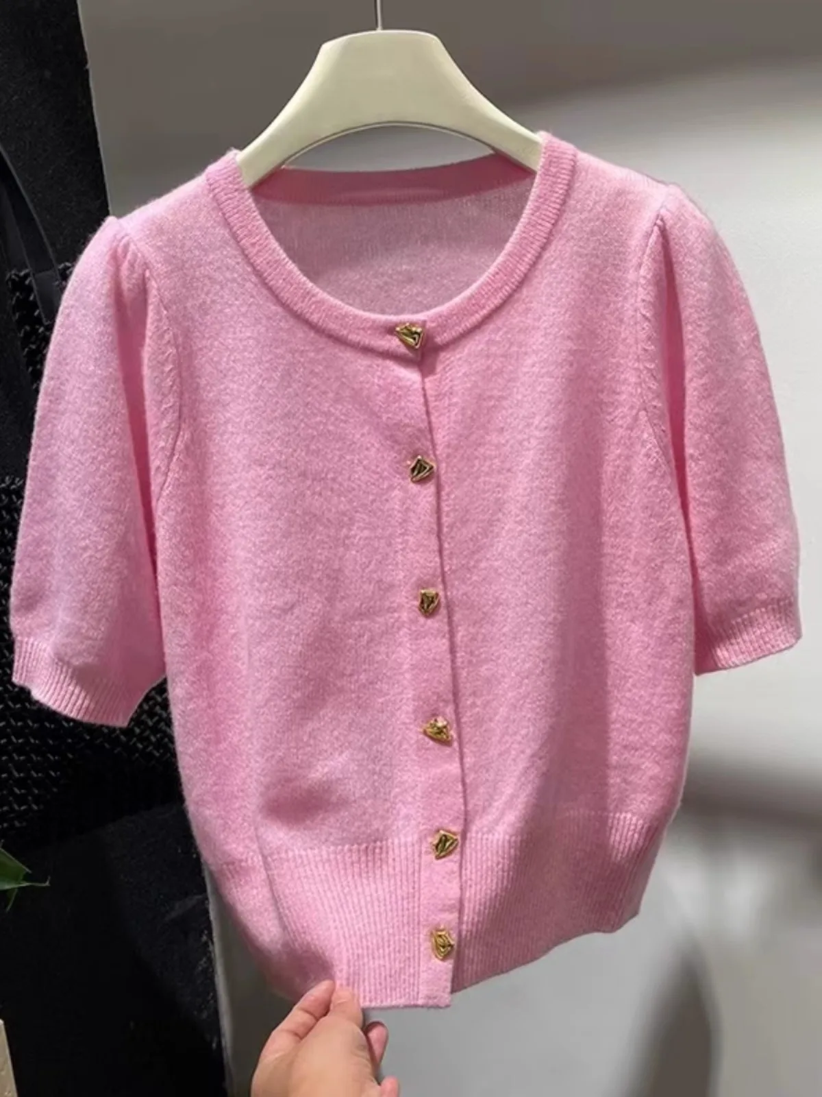 ヨーロッパステーション春夏新作トップスレディース100ウールニットカーディガン半袖ラウンドネックデザインセンスカシミヤセーター