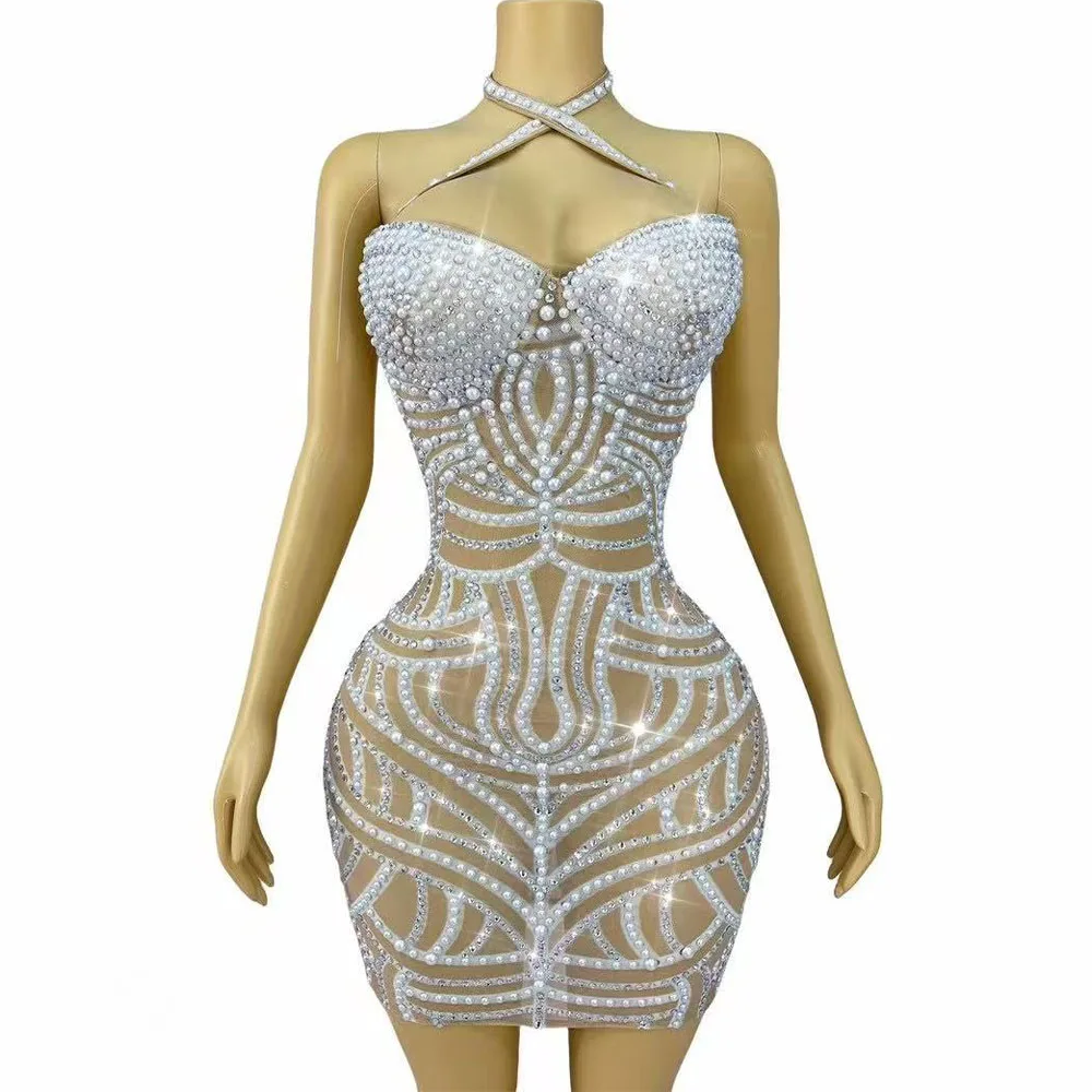 

Sexy Stage High-end Shiny Pearls Rhinestones Halterneck Mesh Dress Evening Cocktail Party Elegant Gown Show Stage Outfit