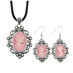 Lady Queen Cameo Necklace Earrings Jewelry Set Retro Craft Flower Pendant Crystal Fashion Jewelry