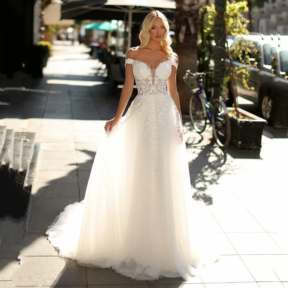 فستان زفاف فاخر مخصص 2025 قبالة الكتف الدانتيل زين تول ألف خط فستان زفاف مشد رومانسي بوهو فستان عروس أبيض