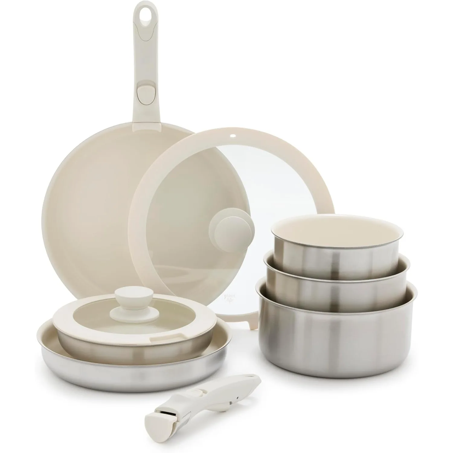 

Click 10-Piece Stainless Steel TriPly Cookware Set, Ceramic Nonstick Interior Coating, Detachable Handle